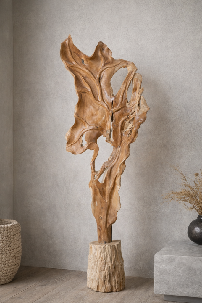 TIMELESS II, sculpture feuille en teck massif sculptée à la main – UMA Art & Living