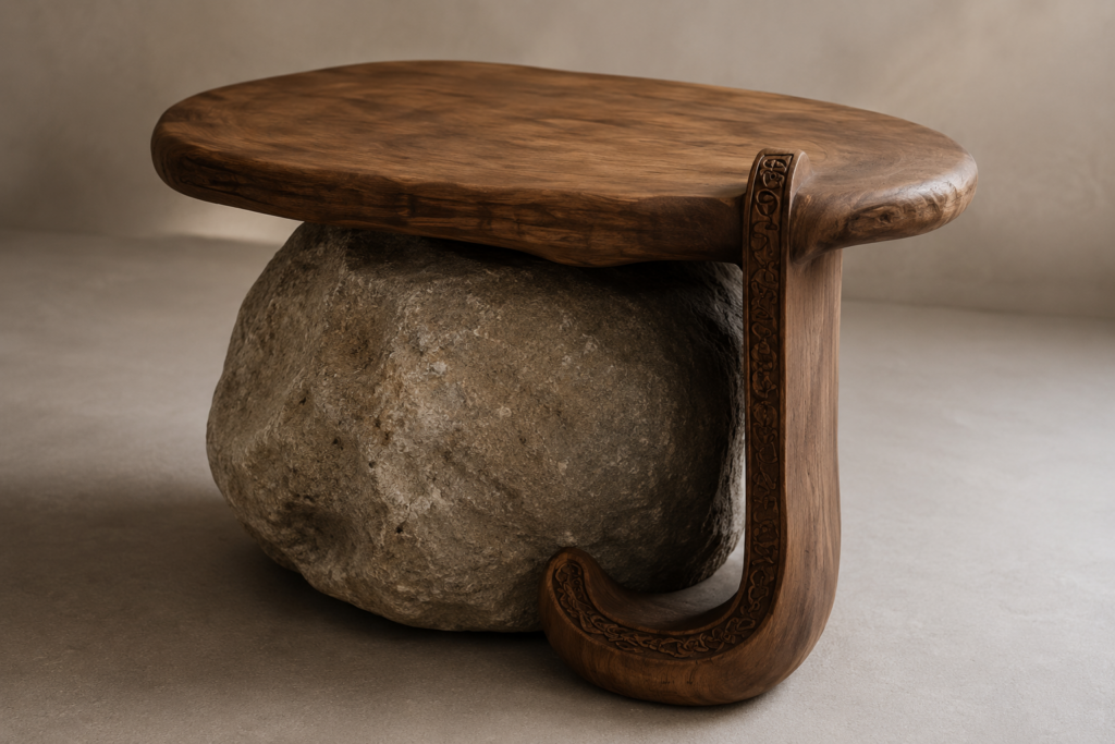 MORI, table basse bois massif et pierre naturelle au design organique – UMA Art & Living