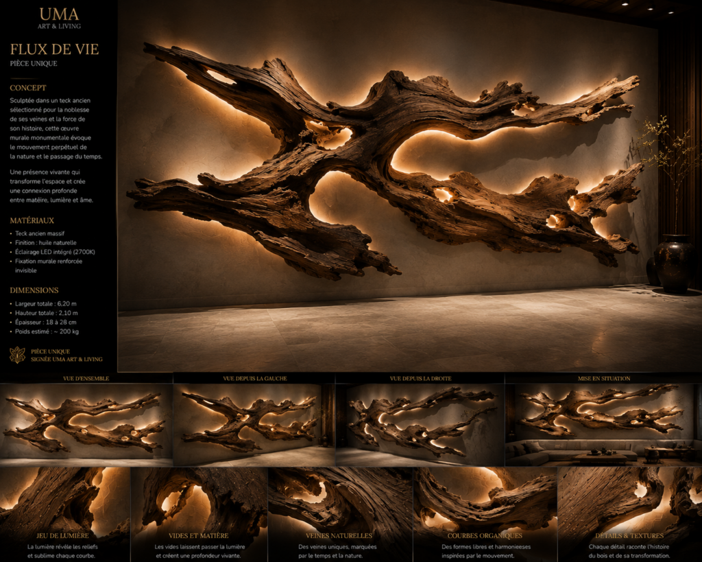 LIFELINE, sculpture murale en teck massif aux formes organiques – UMA Art & Living
